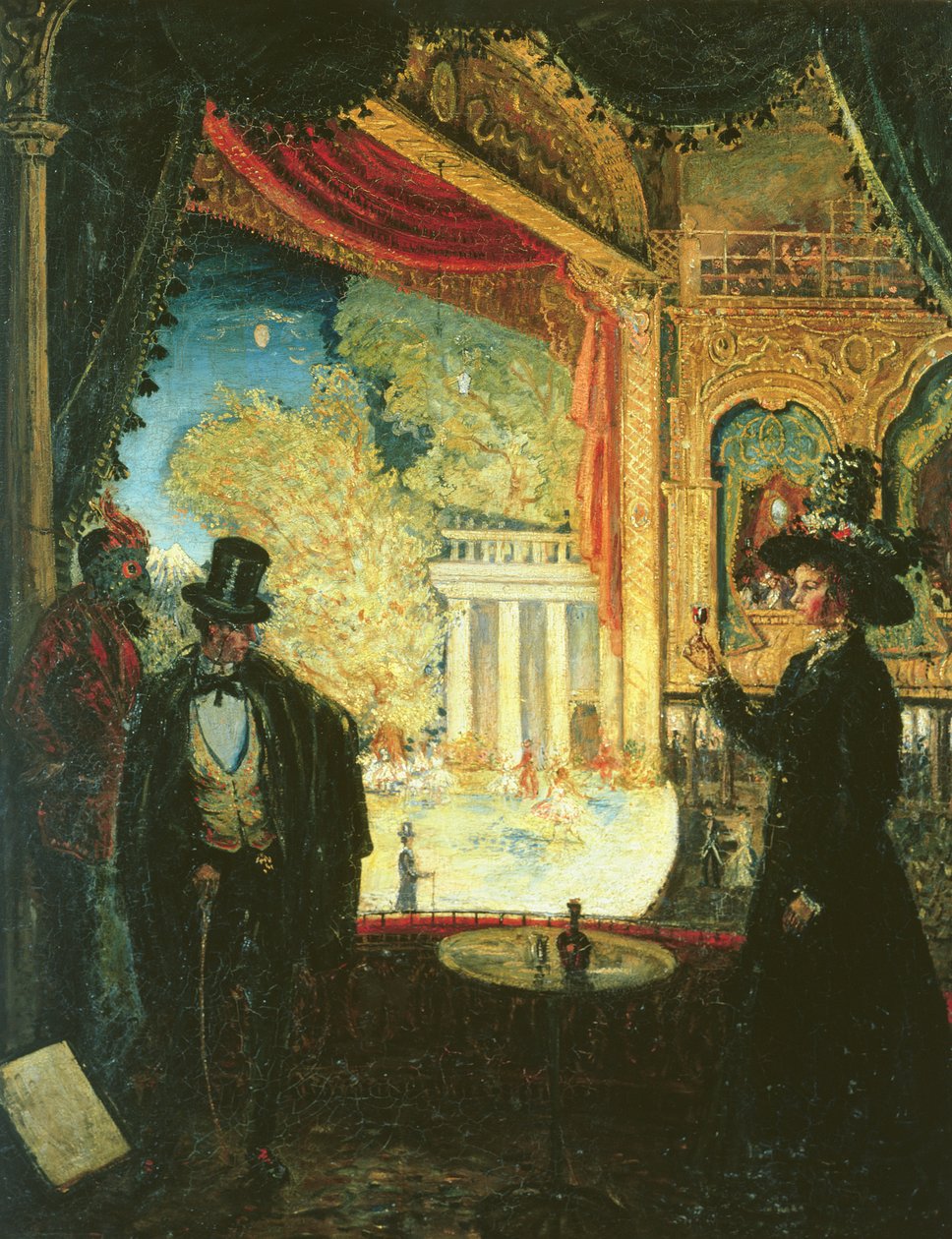 Scéna v divadle: Představení viděné z krabice, ve které stojí tři postavy, 1908 od James Dickson Innes