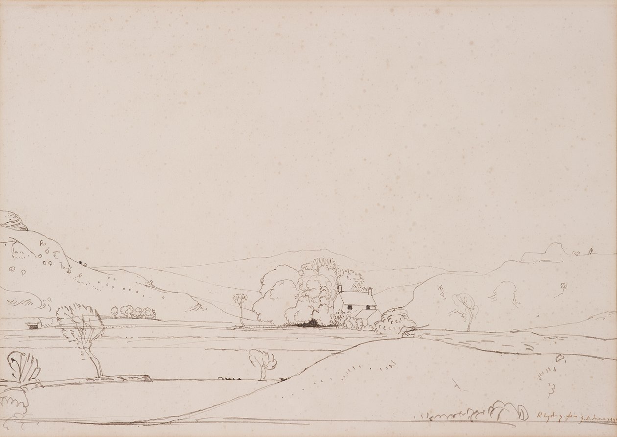 Rhyd-y-Fen, 1911 (pero a hnědý inkoust na papíře) od James Dickson Innes