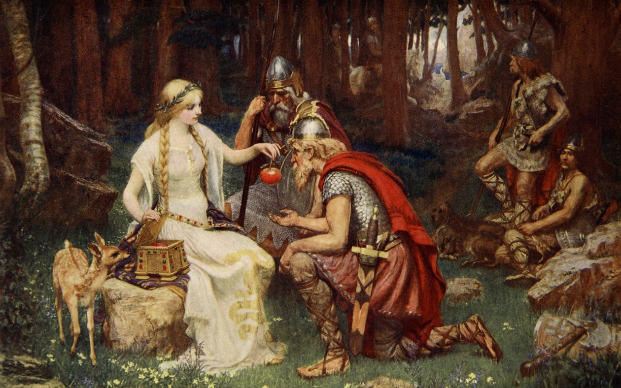 Idun a jablka, ilustrace z „Teutonských mýtů a legend“ od Donalda A. Makenzie, 1890 od James Doyle Penrose