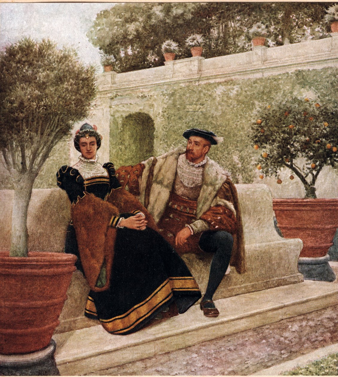 Lorenzo a Jessica, ilustrace z „Kupce benátského“, kolem roku 1910 od James Dromgole Linton