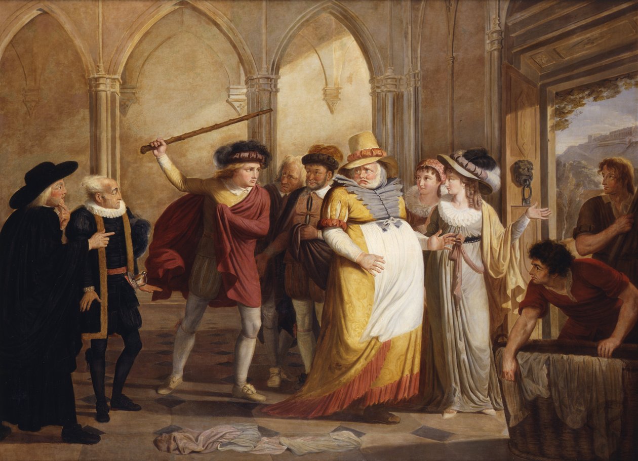 Falstaff v přestrojení vyvedený paní Page, 4. dějství, scéna 2, ve Veselých paničkách z Windsoru, William Shakespeare (1564-1616) kolem roku 1805 od James Durno