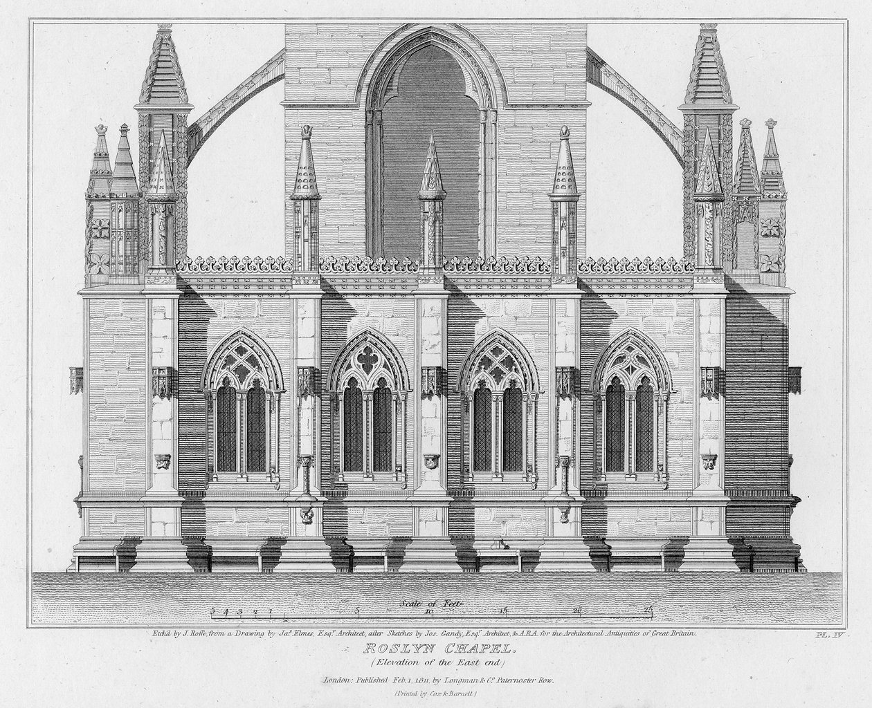Roslynská kaple, vyvýšenina východního konce, vyryla J. Roffe, 1811 od James Elmes