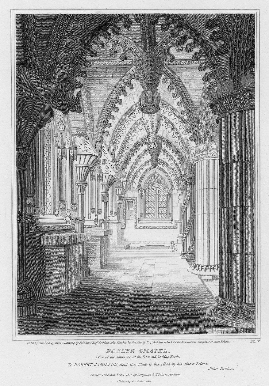 Roslynská kaple, pohled na oltáře na východním konci při pohledu na sever, vyrytý Samuel Lacey, 1811 od James Elmes