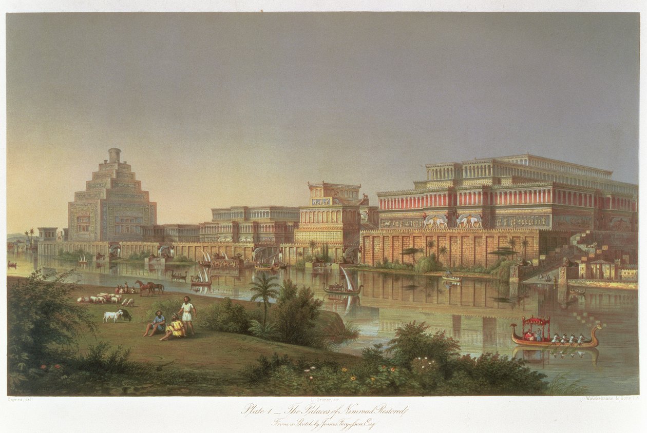 The Palaces of Nimrud Restored, rekonstrukce paláců postavených Aššurbanipalem na břehu Tigridu, z knihy Austena Henryho Layarda (1817-94) Discoveries in the Ruins of Nineveh and Babylon (Objevy v ruinách Ninive a Babylonu). od James Fergusson