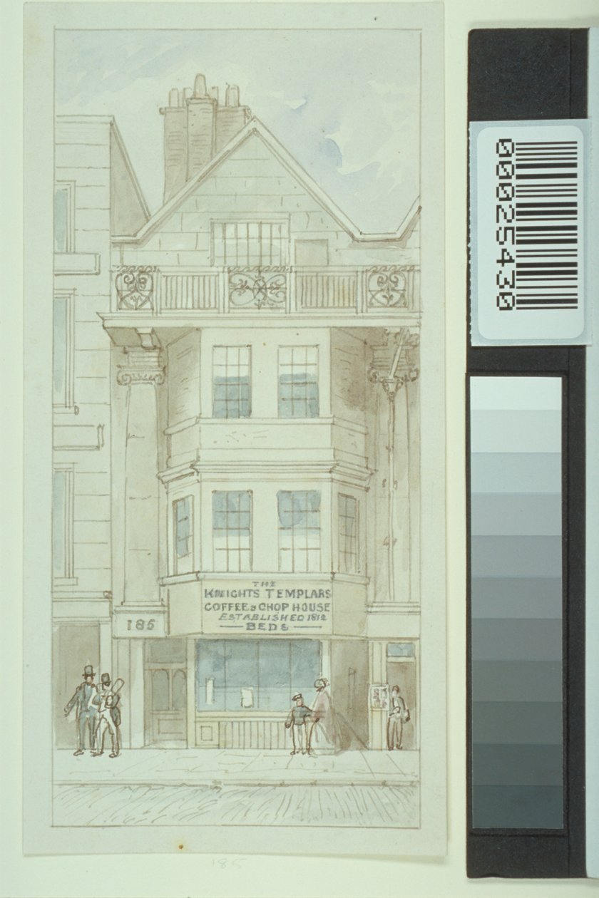 Pohled na č.p. 185 Fleet Street, s postavami procházejícími kolem Knights Templars Coffee and Chop House, kolem roku 1820 od James Findlay