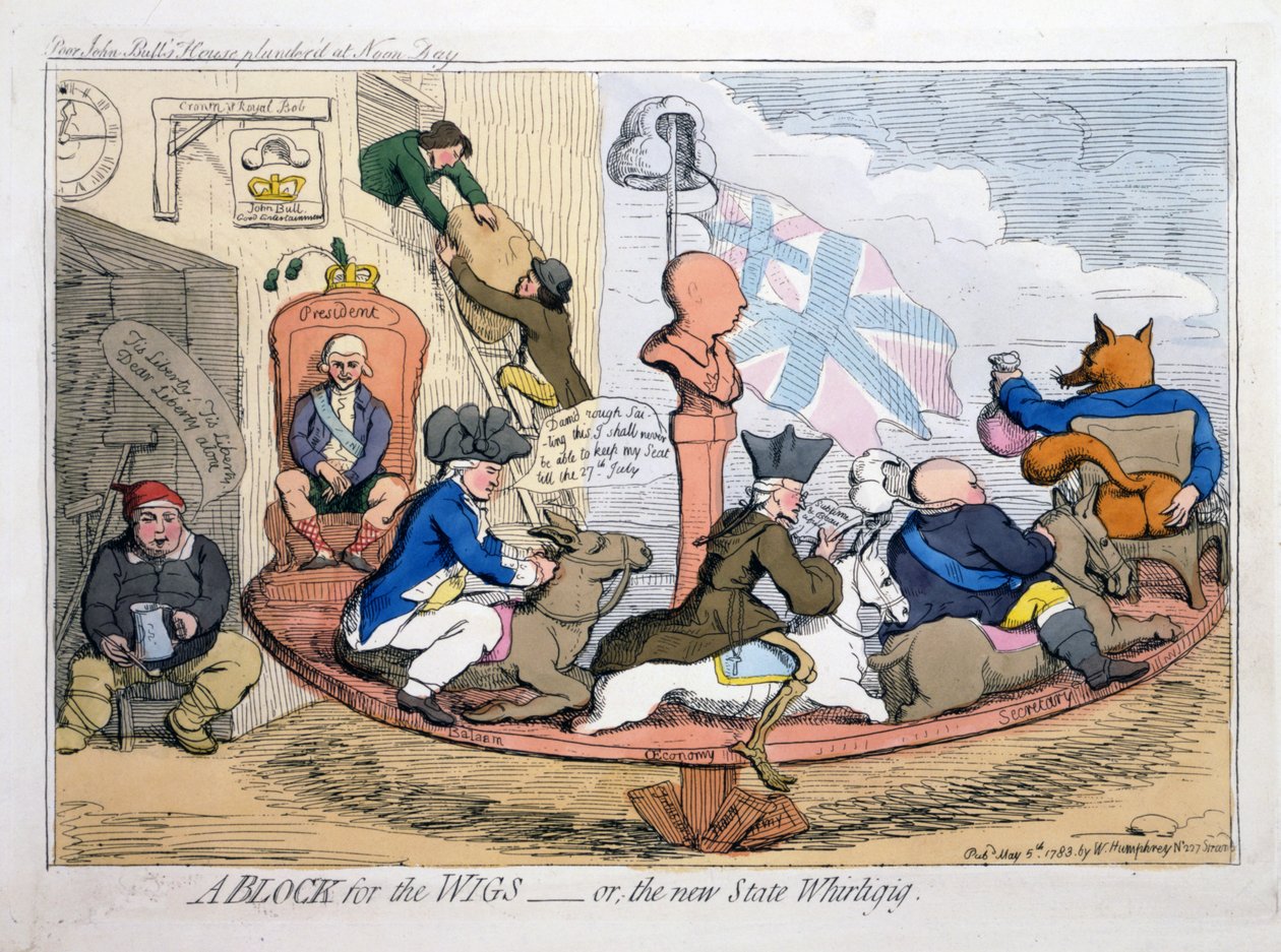 A Block for the Wigs aneb The New State Whirligig, hospoda. 1783 (ručně kolorovaný lept) od James Gillray