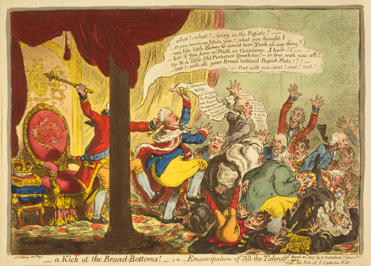 A Kick at the Broad Bottoms, tedy Emancipace všech talentů, hospoda. 1807 (ručně kolorovaná rytina) od James Gillray