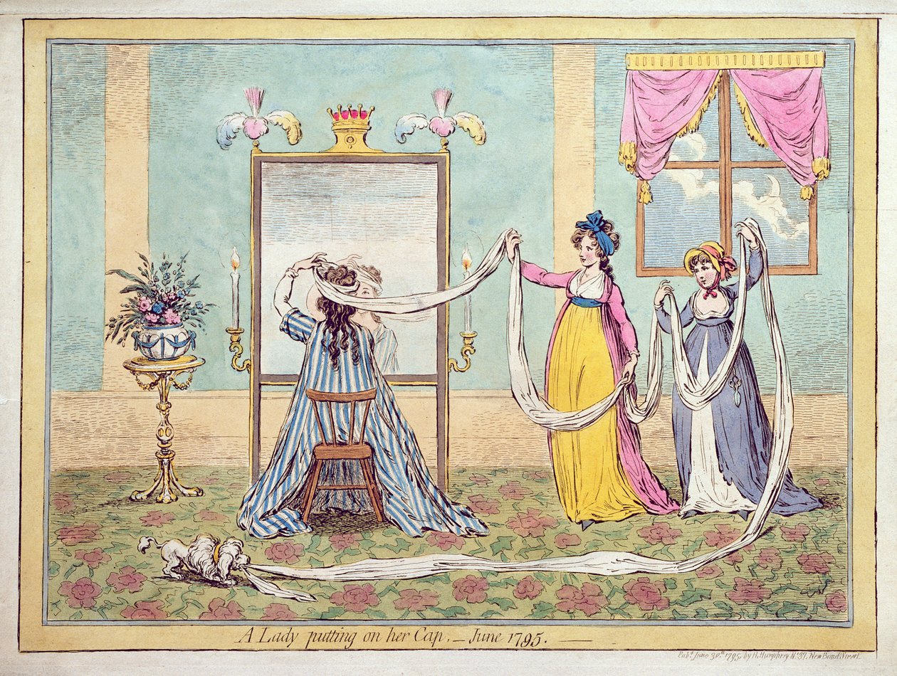 Dáma si nasazuje čepici, vydáno v roce 1795 (ručně kolorovaný lept) od James Gillray