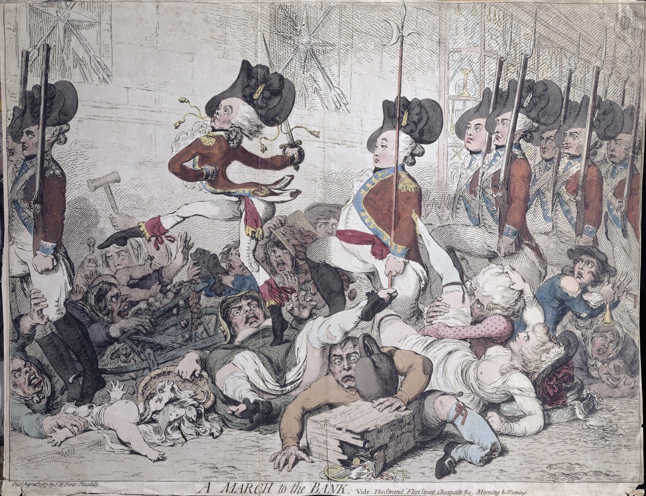 Pochod do banky, nakladatelství S.W. Fores v roce 1787 (ručně kolorovaný lept) od James Gillray