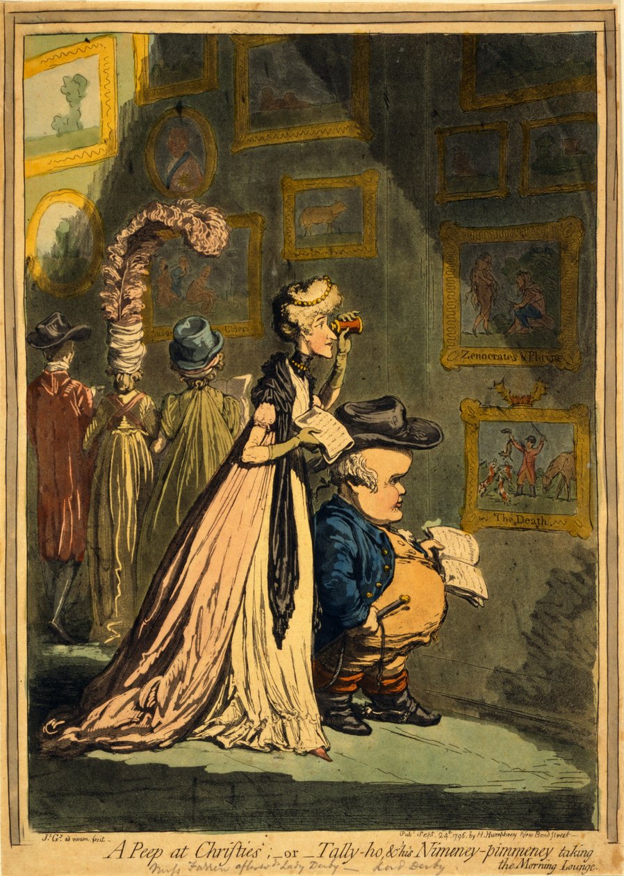 A Peep at Christies, nebo Tally-ho a jeho Nimeney-Pimmeney v ranním salonku, hospoda. 1796 (ručně kolorovaná rytina) od James Gillray