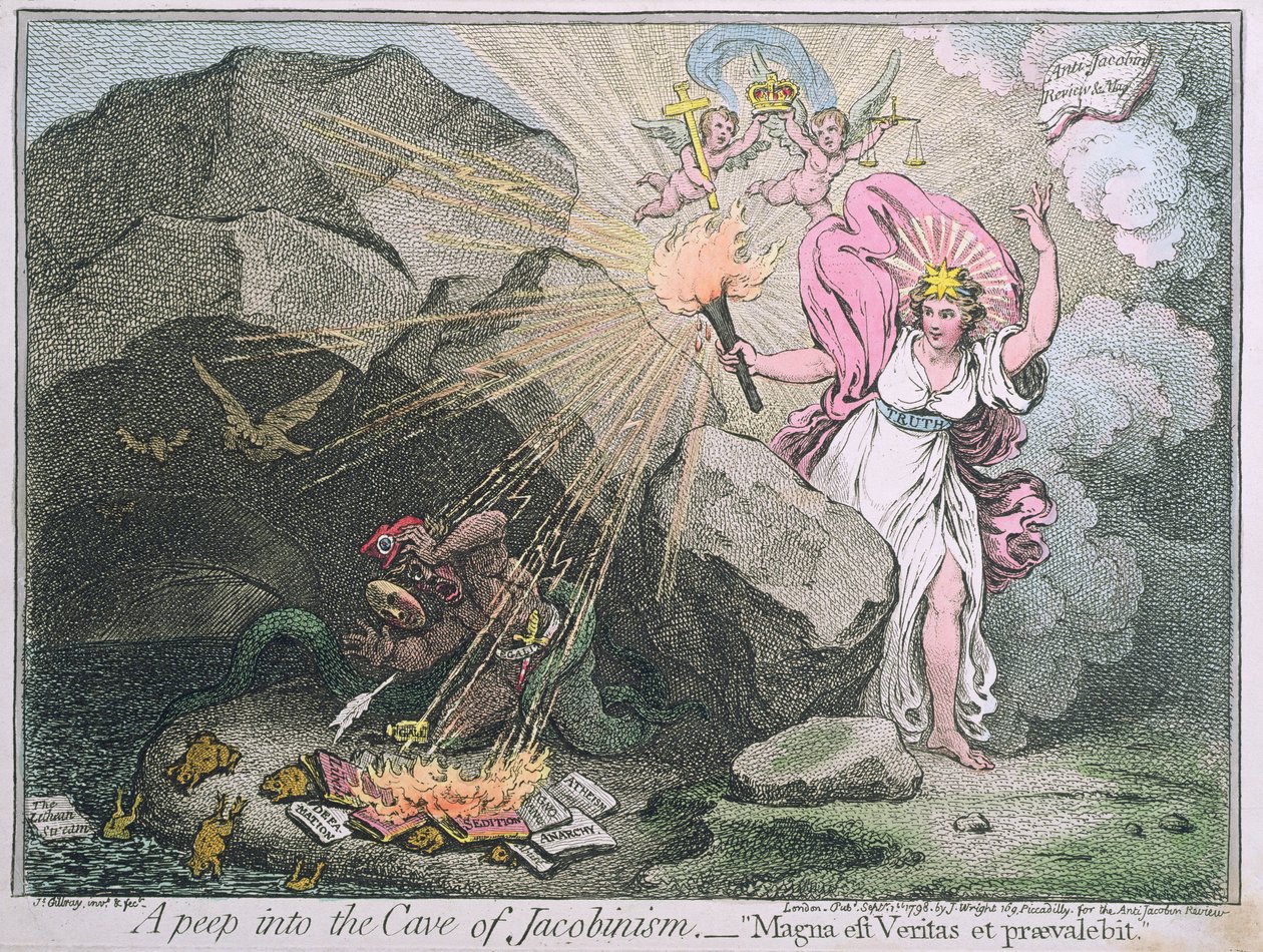 Nahlédnutí do jeskyně jakobínství aneb Magna est Veritas et praevalebit, vydala Hannah Humphrey v roce 1798 (ručně kolorovaný lept) od James Gillray