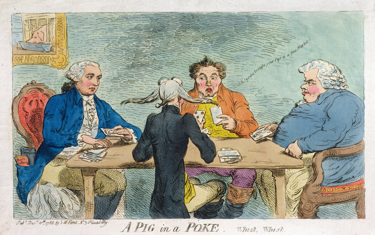 Prase v poke, vydal S.W. Fores v roce 1788 (ručně kolorovaný lept) od James Gillray