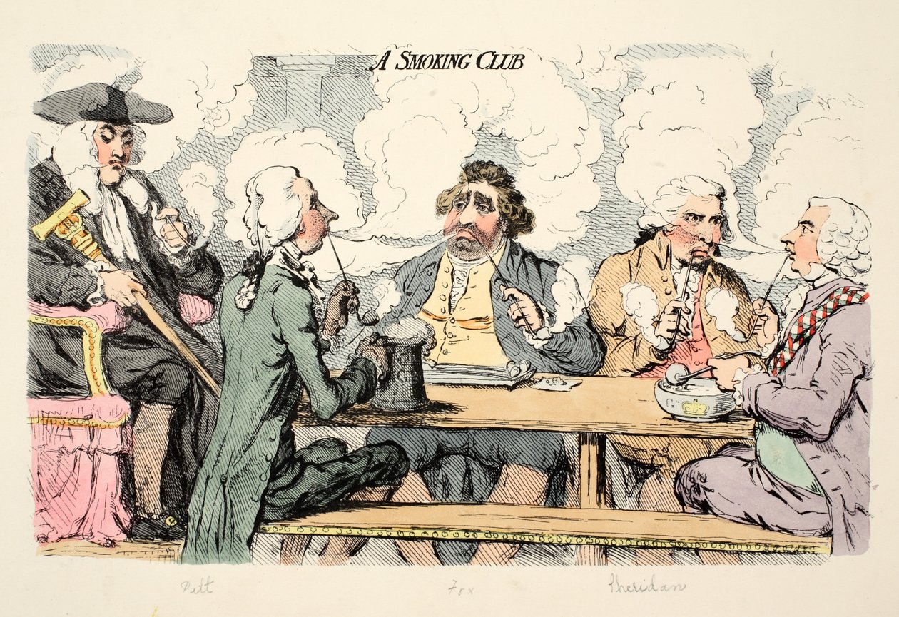 Kuřácký klub, hospoda. 1793 (ručně kolorovaná rytina) od James Gillray