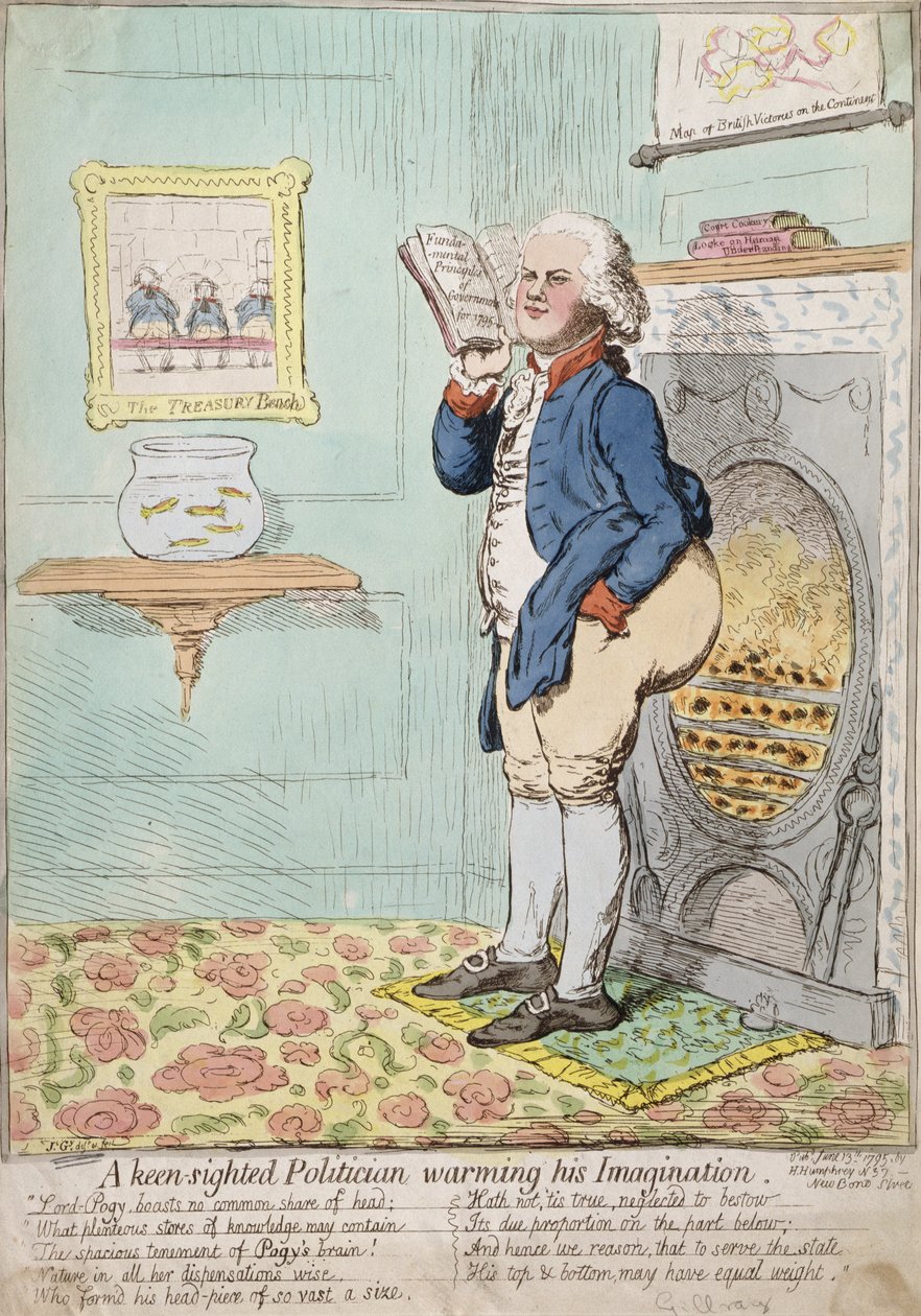 Bystrý vidoucí politik ohřívající svou představivost, publikovala Hannah Humphrey v roce 1795 (ručně kolorovaný lept) od James Gillray