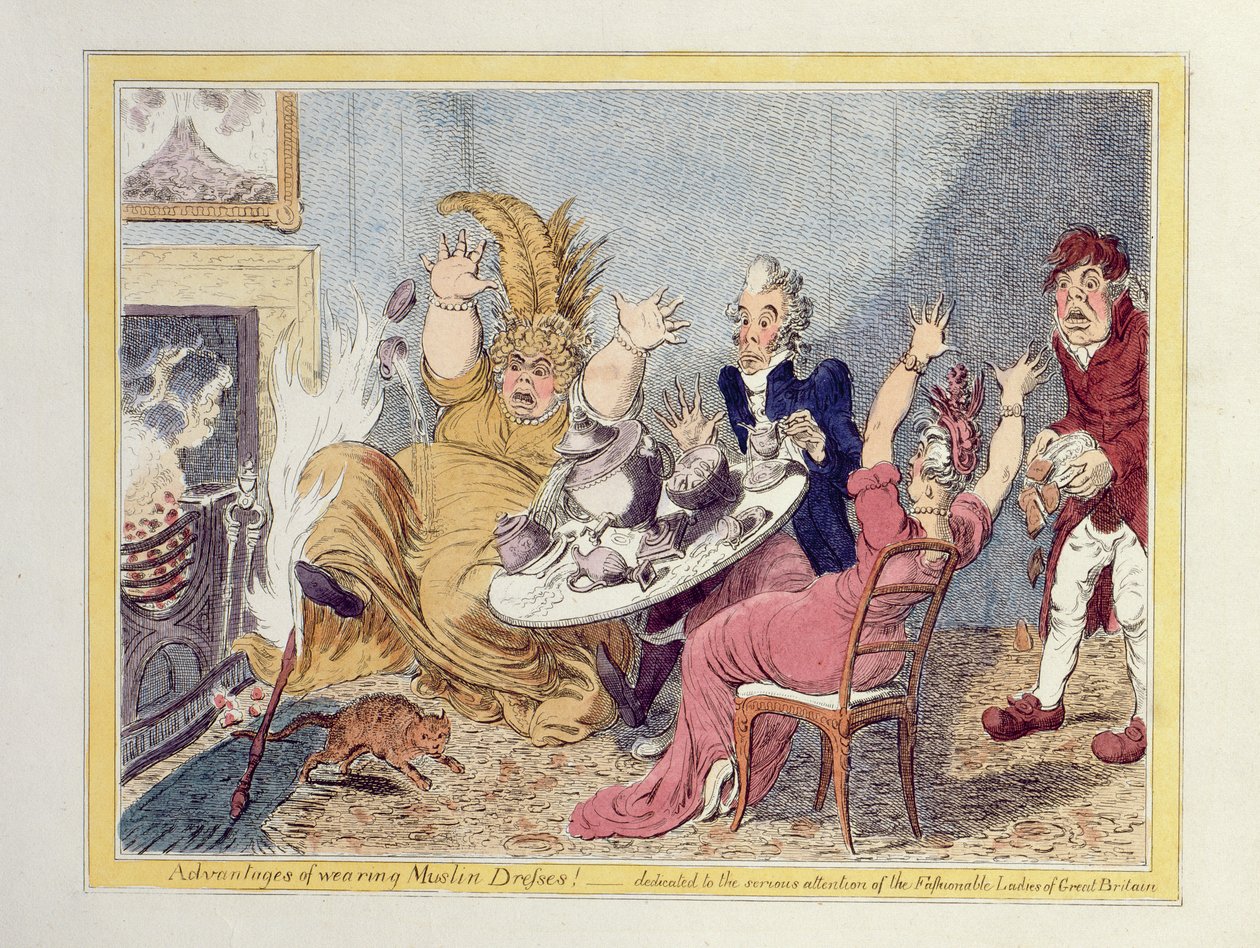 Výhody nošení mušelínových šatů! Věnováno vážné pozornosti módních dam Velké Británie, hospoda. od Johna Millera a W. Blackwooda od James Gillray