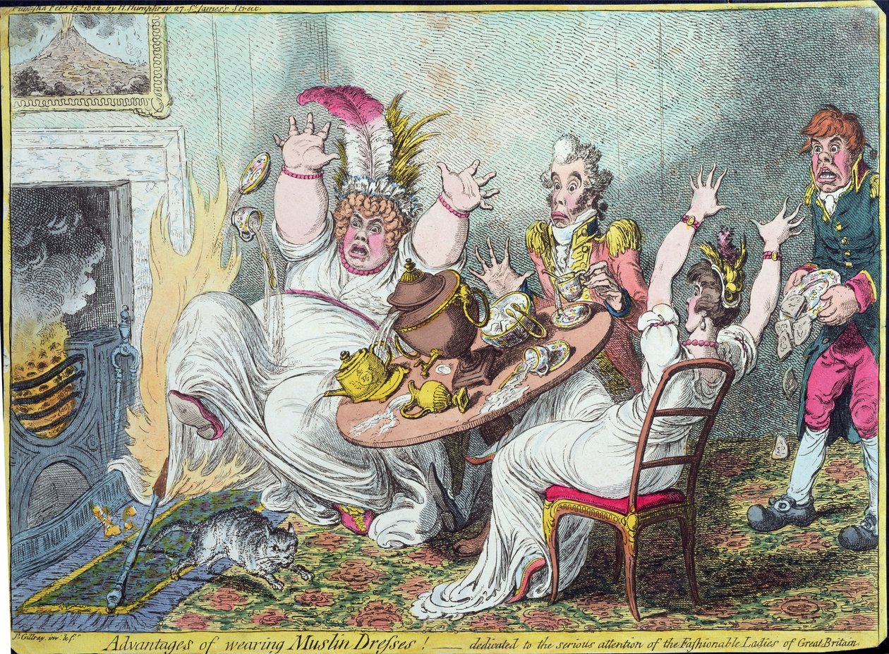 Výhody nošení mušelínových šatů! věnováno vážné pozornosti módních dam Velké Británie, vydal Hannah Humphrey, 1802 (ručně kolorovaná rytina) od James Gillray