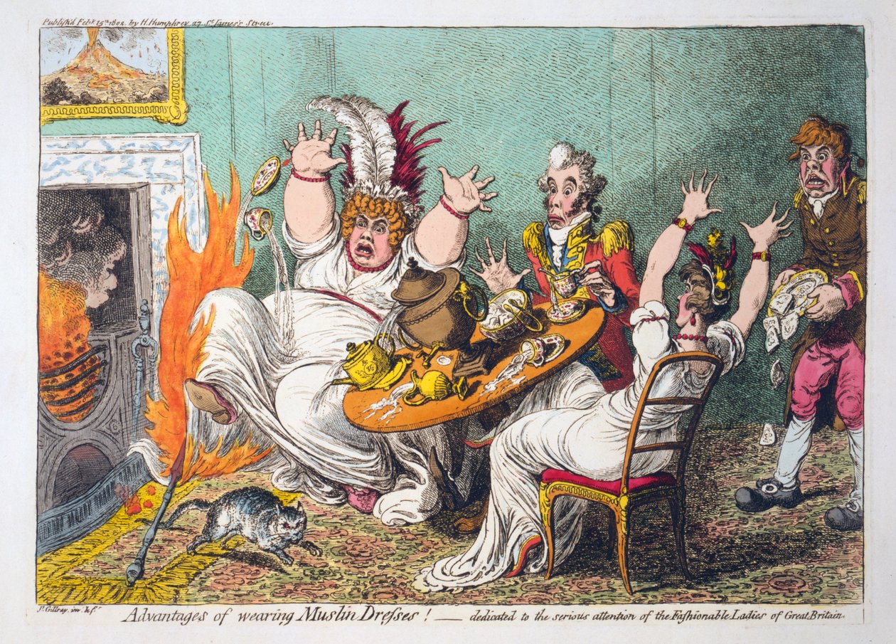 Výhody nošení mušelínových šatů! věnovaný vážné pozornosti módních dam Velké Británie, hospoda. 1802 (ručně kolorovaná rytina) od James Gillray