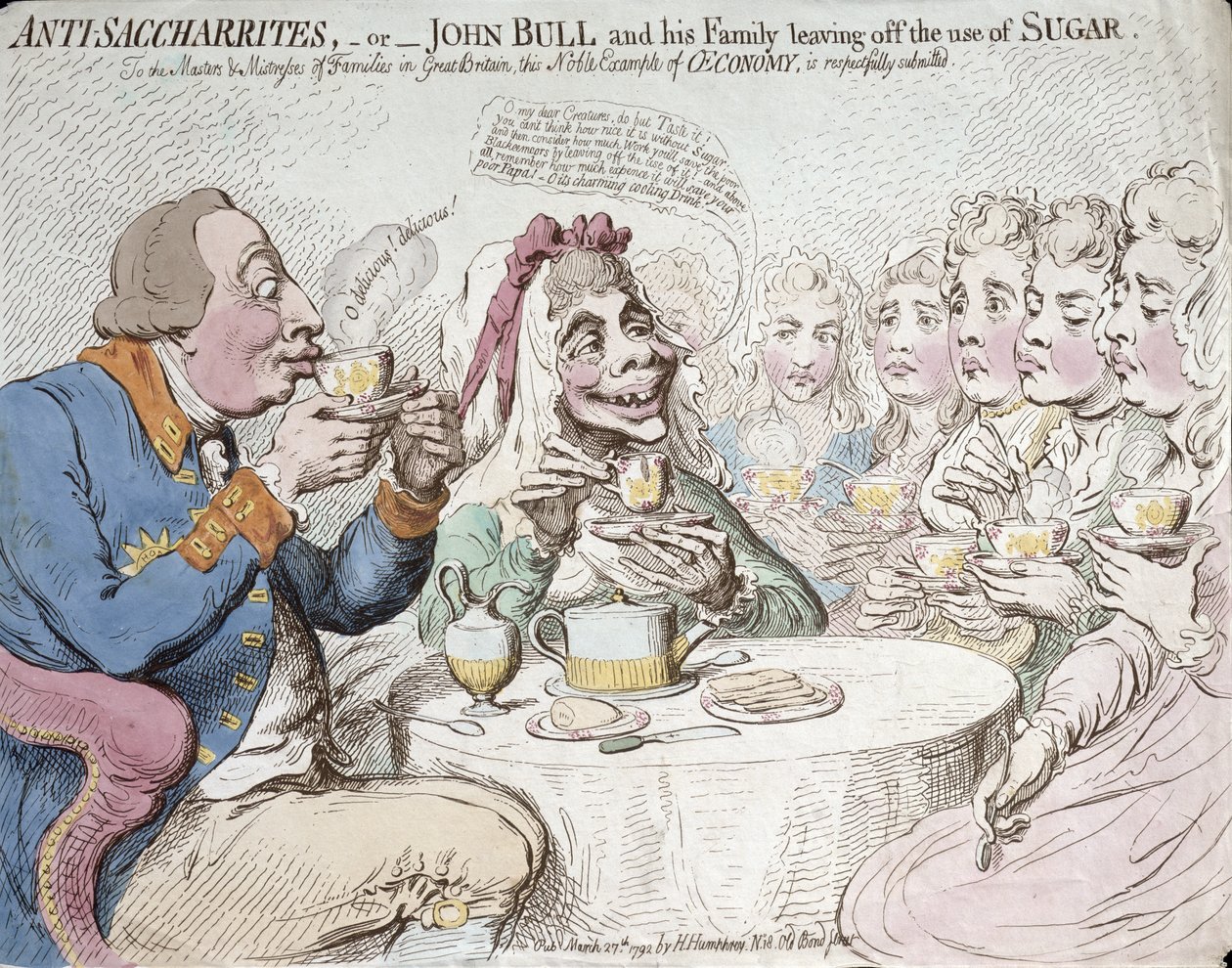 Anti-Saccharites aneb John Bull a jeho rodina opouštějící používání cukru, publikovala Hannah Humphrey v roce 1792 (ručně kolorovaný lept) od James Gillray