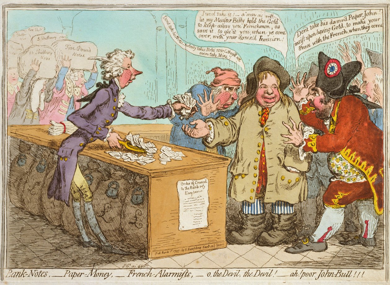 Bankovky - Papírové peníze - Francouzští alarmisté - ach! chudák John Bull! vydal Hannah Humphrey v roce 1797 (ručně kolorovaný lept) od James Gillray