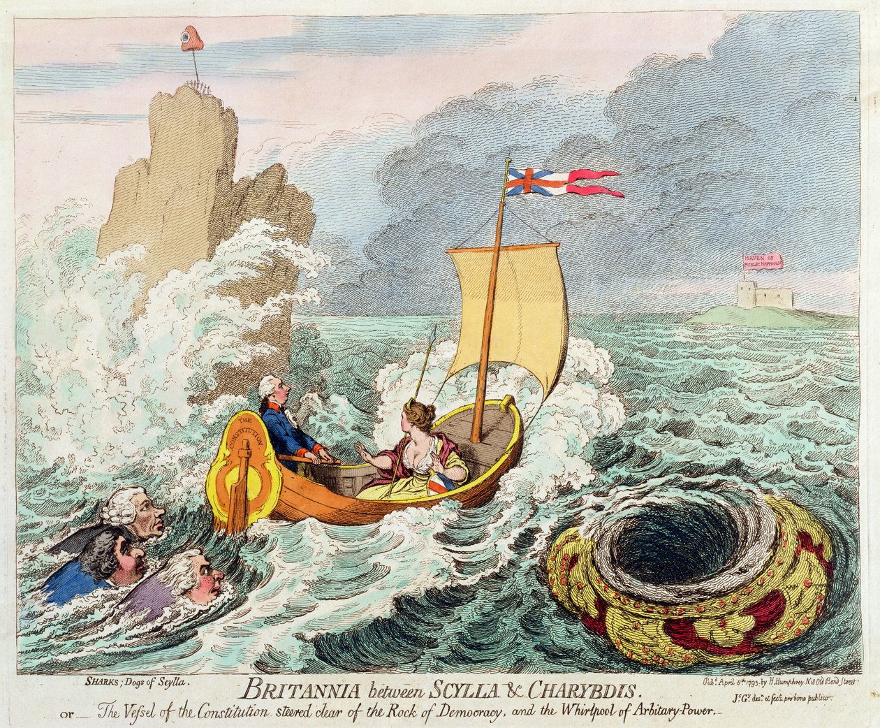 Britannia mezi Skyllou a Charybdou, aneb Nádoba ústavy vyhýbající se skále demokracie a víru svévolné moci, publikovala Hannah Humphrey v roce 1793 (ručně kolorováno atd. od James Gillray