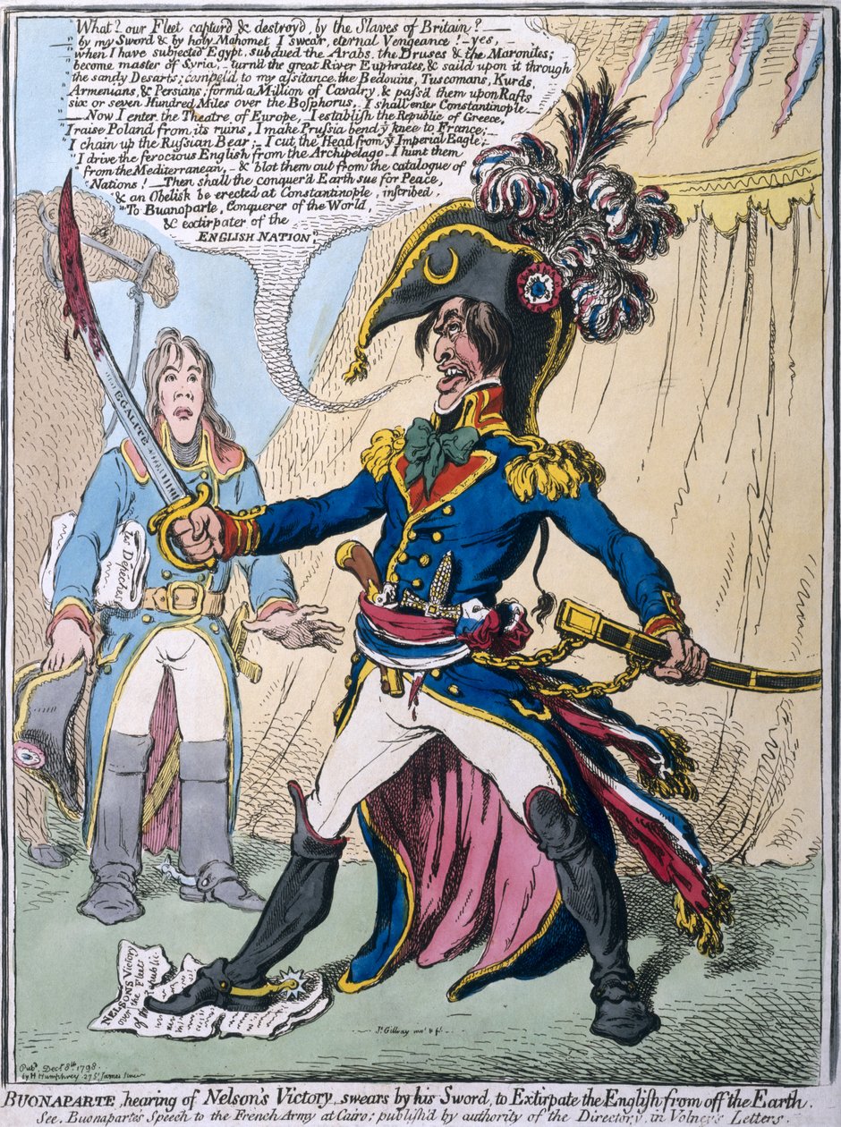 Buonaparte slyšící o Nelsonově vítězství přísahá svým mečem, že vyhladí Angličany ze Země, publikovala Hannah Humphrey v roce 1798 (ručně kolorovaný lept) od James Gillray