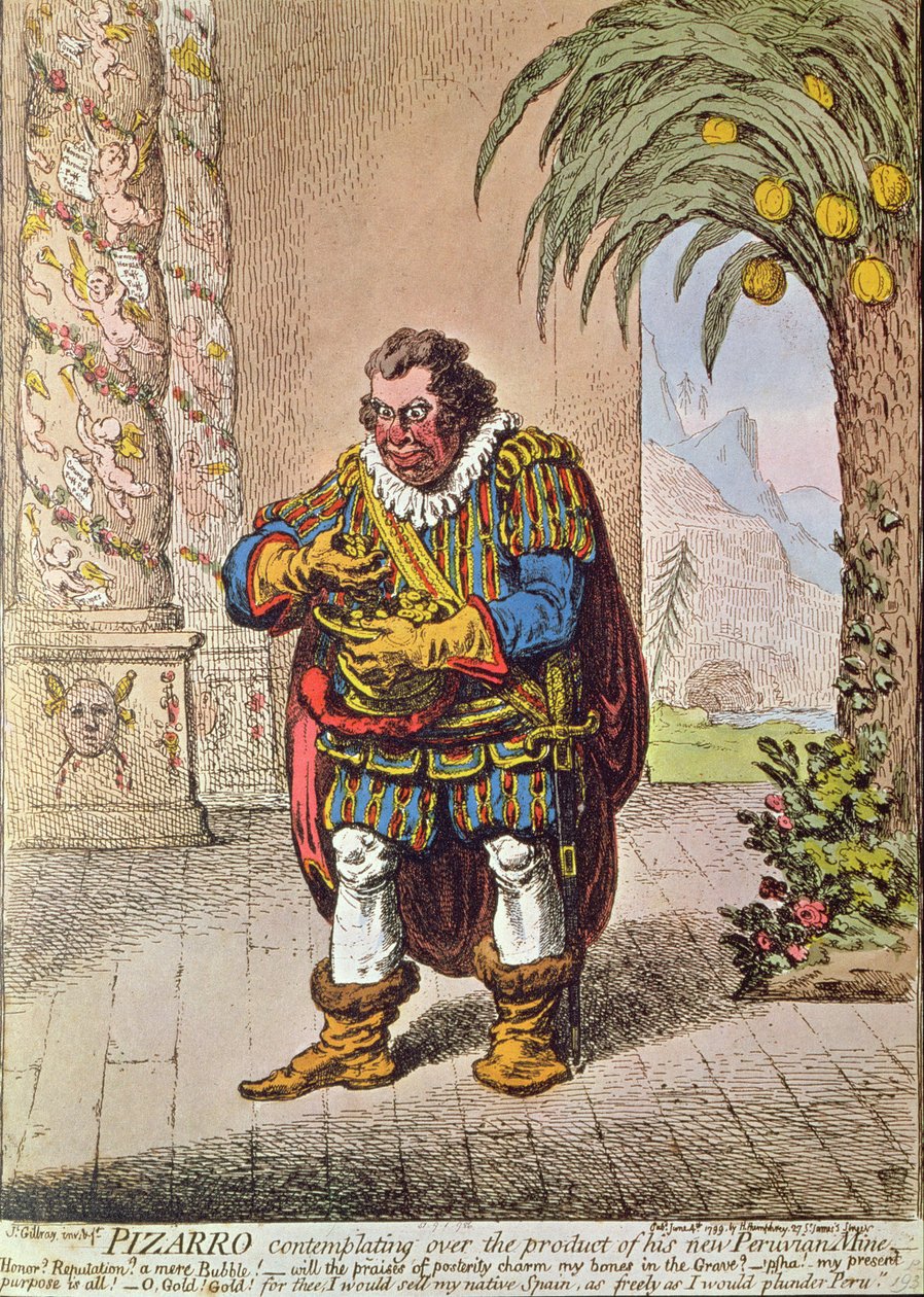 Karikatura Pizarra uvažuje o produktu svého nového peruánského dolu od James Gillray