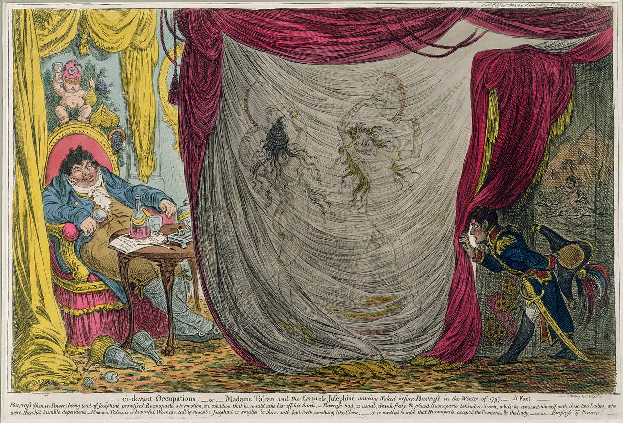 Ci-devant Occupations aneb Madame Talian a císařovna Josephine Tančící nahá před Barrassem v zimě roku 1797, publikovala Hannah Humphrey v roce 1805 (lept s akvatintou) od James Gillray