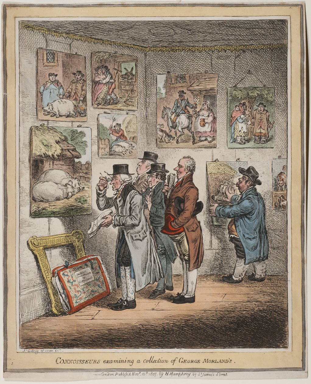Znalci zkoumající sbírku George Morlanda, kterou vydala Hannah humphrey, 1807 (ručně kolorovaný lept) od James Gillray