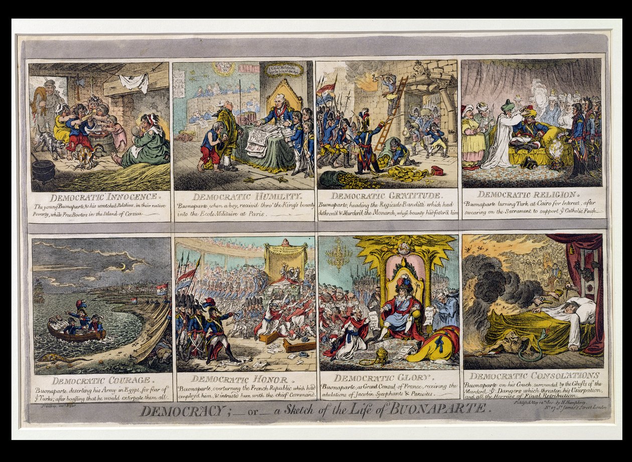Demokracie aneb Sketch of the Life of Buonaparte, publikovala Hannah Humphrey v roce 1800 (ručně kolorovaný lept) od James Gillray