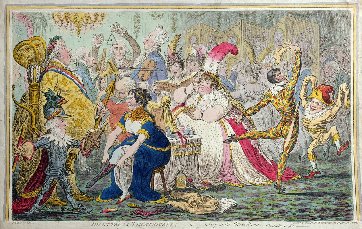 Dilettanti Theatricals aneb A Peep at the Green Room, vydané Hannah Humphrey v roce 1803 (ručně kolorovaný lept) od James Gillray