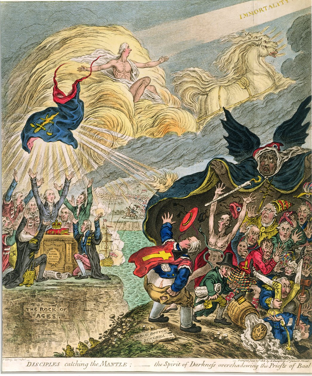 Disciples catching the Mantle: the Spirit of Darkness overing the Priests of Baal, publikovala Hannah Humphrey v roce 1808 (ručně kolorovaný lept) od James Gillray