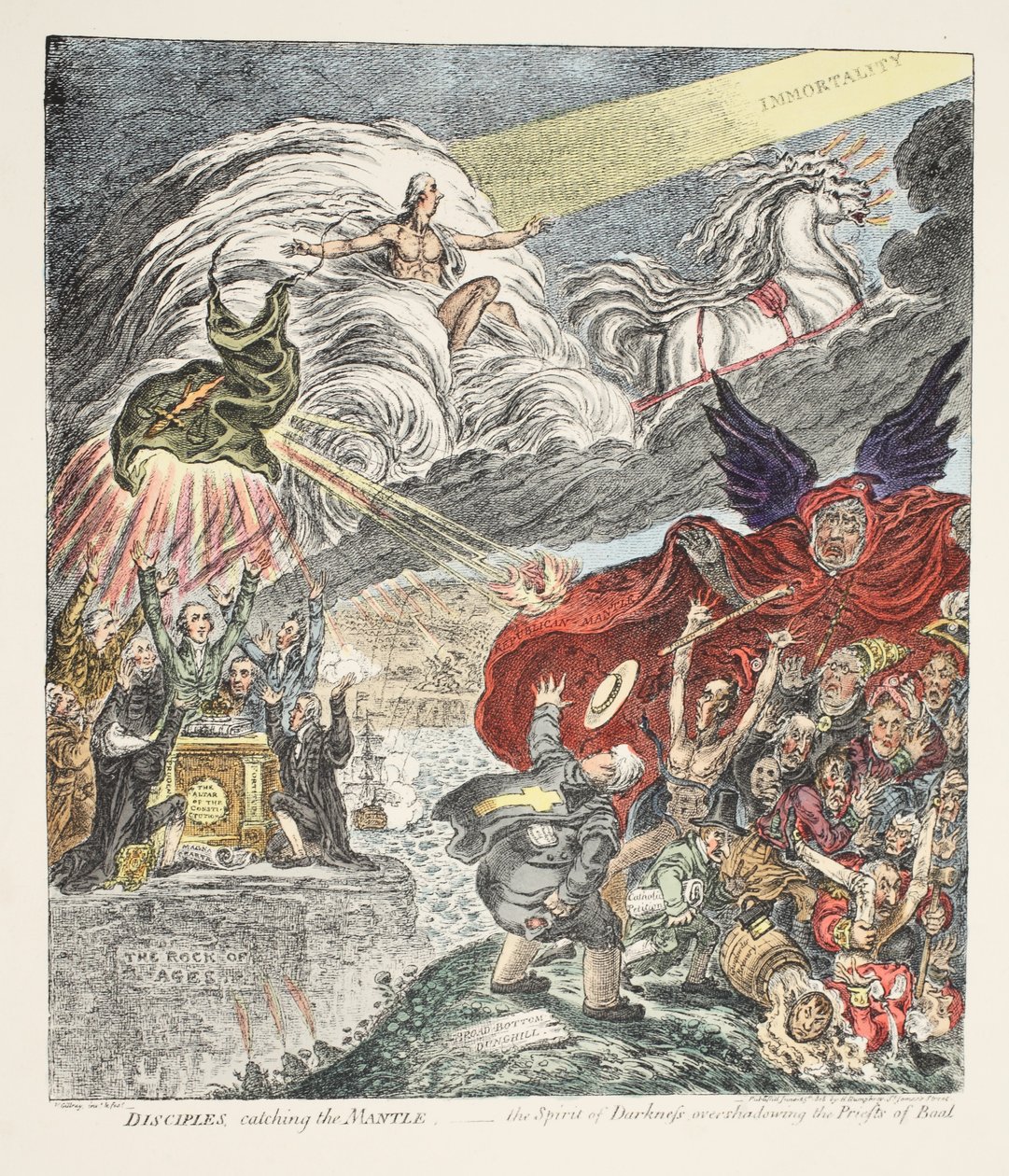 Učedníci chytání pláště - Duch temnoty zastiňující kněze Baala, hospoda. 1808 (ručně kolorovaný lept) od James Gillray
