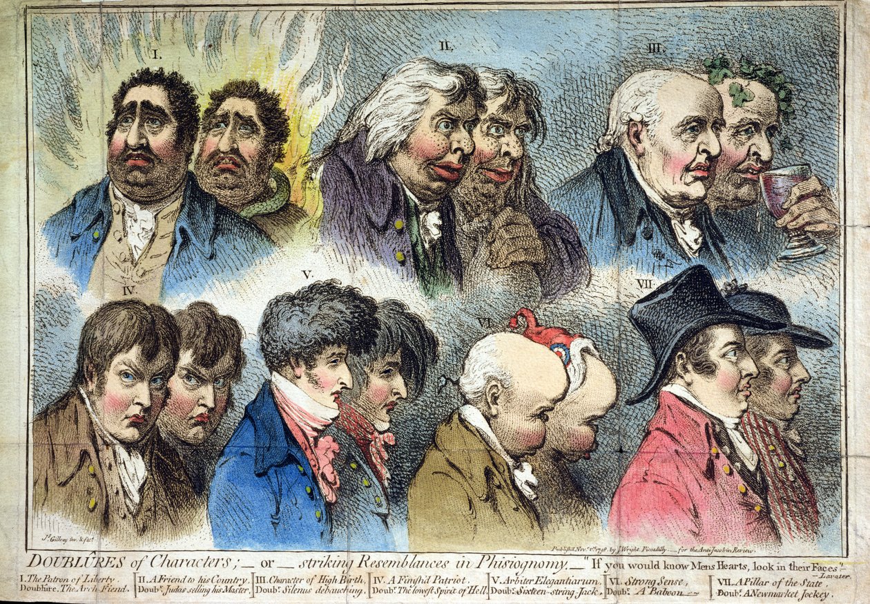 Doublures of Characters, or Striking Resemblances in Phisiognomy, vydané J. Wrightem v roce 1798 (ručně kolorovaný lept) od James Gillray