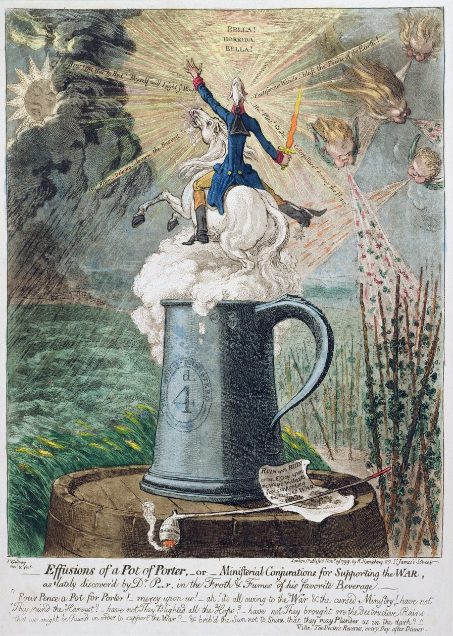 Effusions of a Pot of Porter, or Ministerial Conjurations for Supporting the War, vydala Hannah Humphrey v roce 1799 (ručně kolorovaný lept) od James Gillray