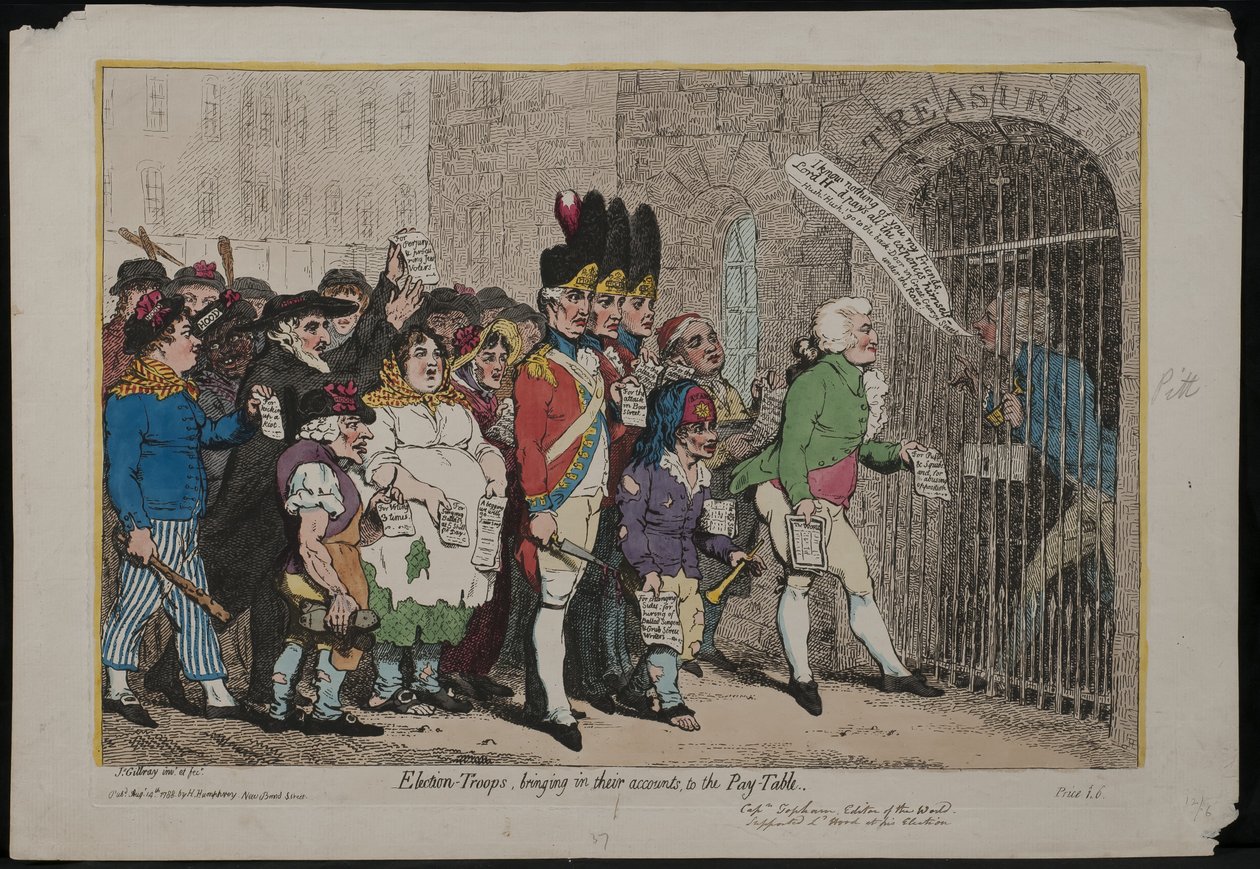 Volební vojáci přinášejí na svých účtech na Pay tabulky, 1788 od James Gillray