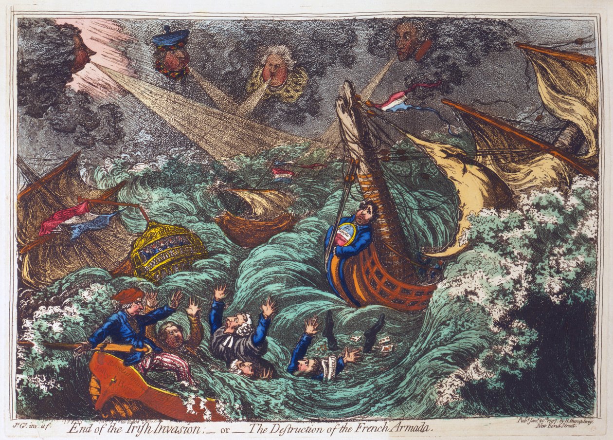 Konec irské invaze aneb zničení francouzské armády, hospoda. Hannah Humphrey, 20. ledna 1797 (ručně kolorovaná rytina) od James Gillray