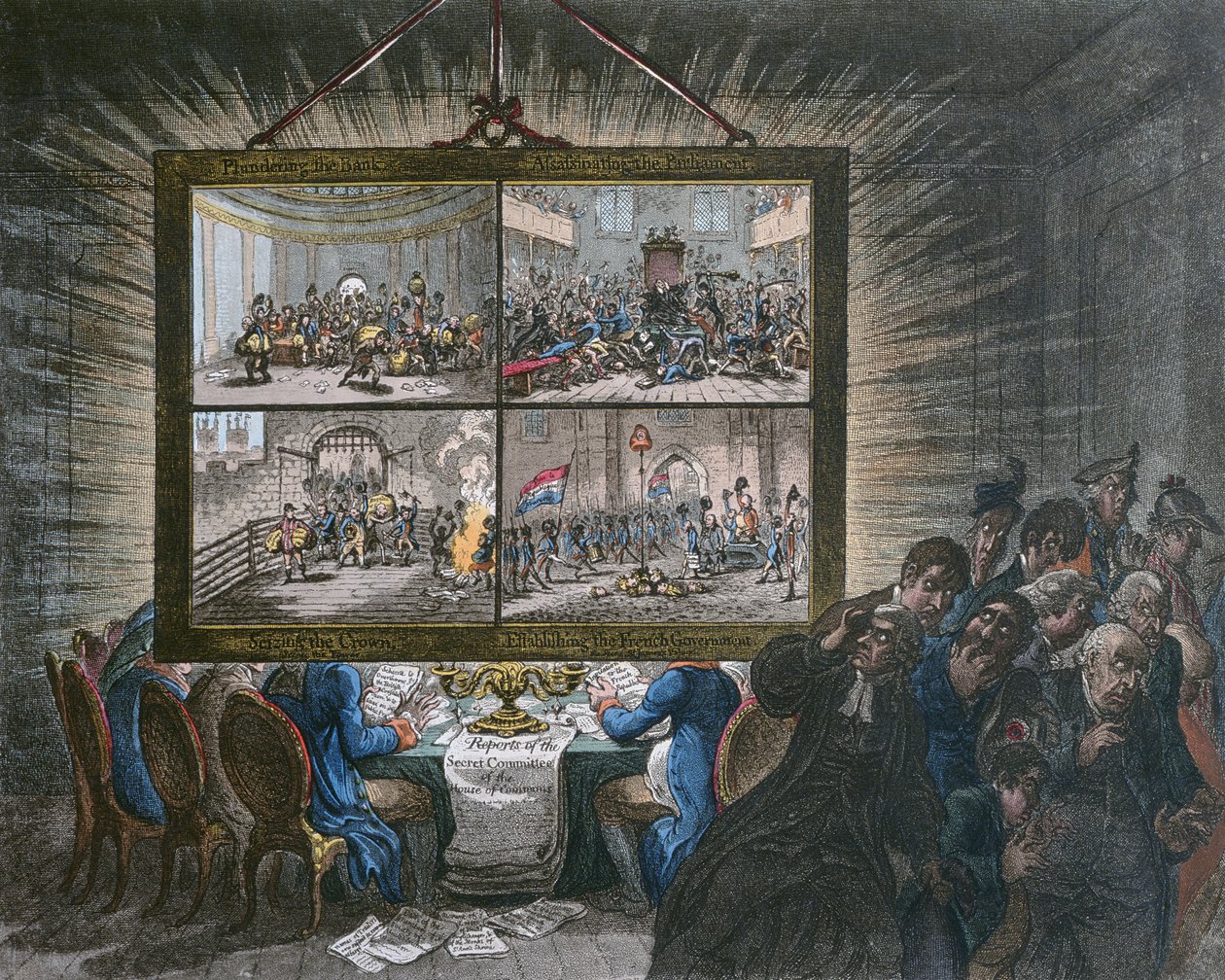Výstava demokratické průhlednosti s jejím vlivem na vlastenecké city, kterou vydala Hannah Humphrey v roce 1799 (ručně kolorovaný lept s akvatintou) od James Gillray