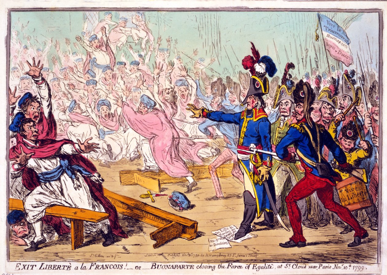 Exit Libertè a la Francois! nebo Buonaparte zavírání frašky Egalité, v St. Cloud u Paříže 10. listopadu 1799, pub. 1799 (ručně kolorovaná rytina) od James Gillray