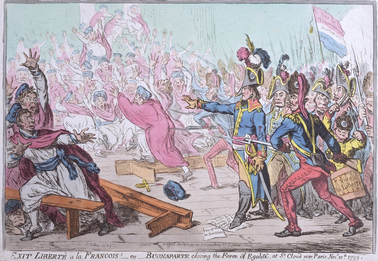 Exit Liberte a la Francois! nebo Buonaparte uzavírající frašku rovnostářství v St. Cloud u Paříže, vydané Hannah Humphrey v roce 1799 (ručně kolorovaný lept) od James Gillray