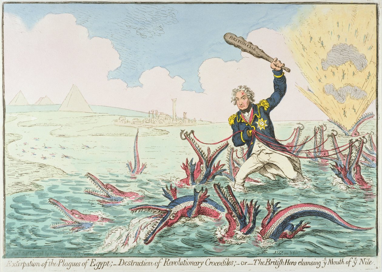 Vyhubení egyptských ran: Zničení revolučních krokodýlů, 1798 (ručně kolorovaný lept) od James Gillray