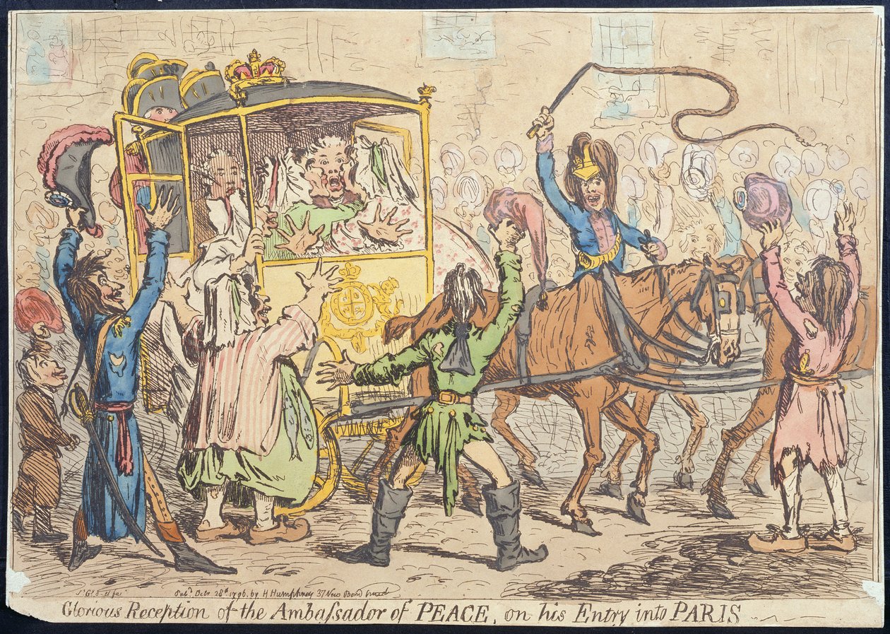 Slavné přijetí velvyslance míru při jeho příjezdu do Paříže, vydala Hannah Humphrey v roce 1796 (ručně kolorovaný lept) od James Gillray