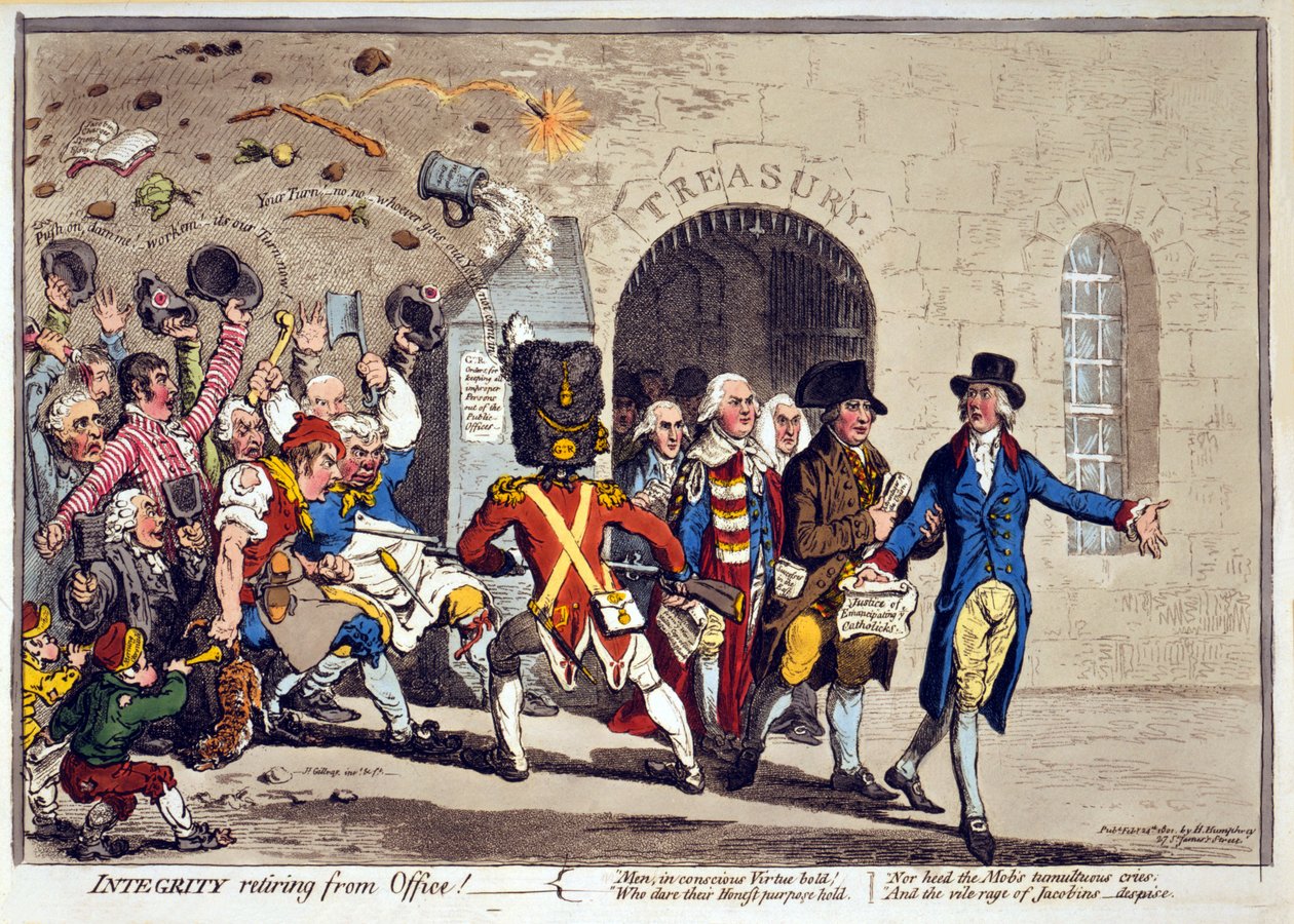 Bezúhonnost odchází z Office!, pub. 1801 (ručně kolorovaná rytina) od James Gillray