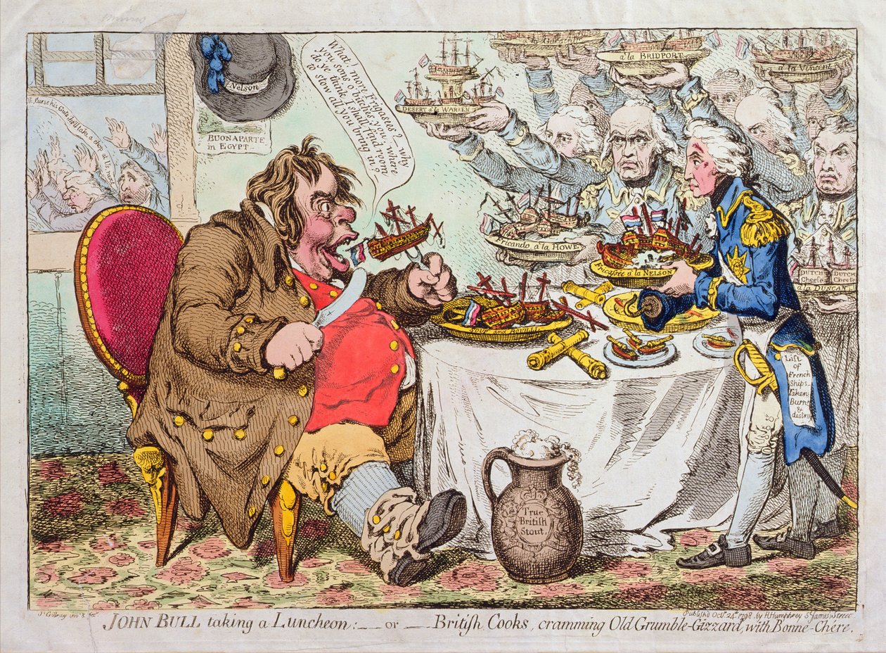 John Bull Taking a Luncheon, aneb Britští kuchaři, nacpaní Old Grumble-Gizzard s Bonne-Chere, publikovala Hannah Humphrey v roce 1798 (ručně kolorovaný lept) od James Gillray