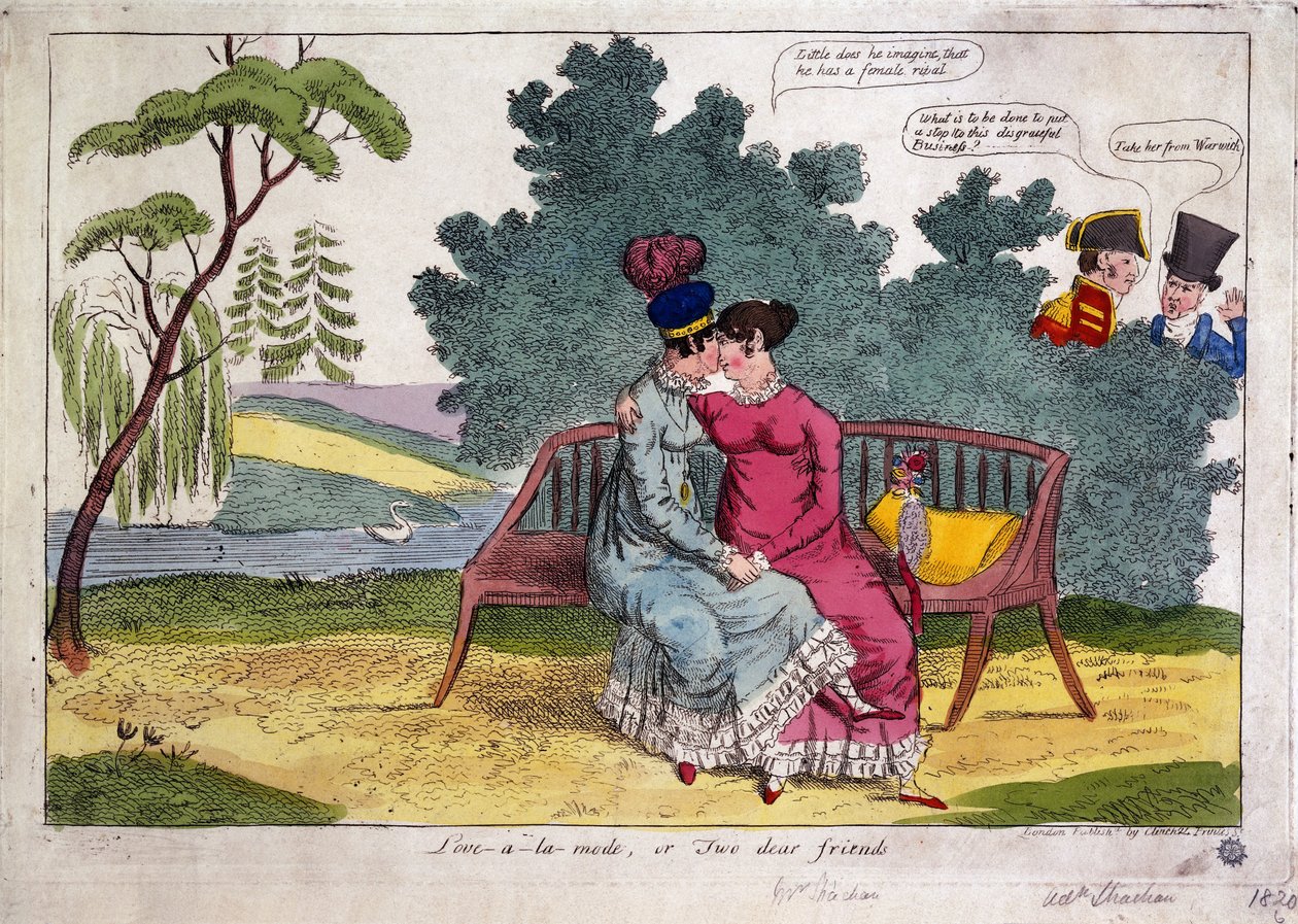 Lady Strachan a Lady Warwick se milují v parku, zatímco jejich manželé s nesouhlasem přihlížejí od James Gillray