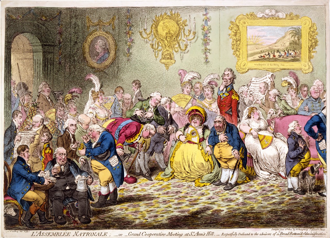 Lassemblée nationale: - nebo - velkolepé kooperační setkání na vrchu St. Anns, hospoda. 1804 (ručně kolorovaná rytina) od James Gillray