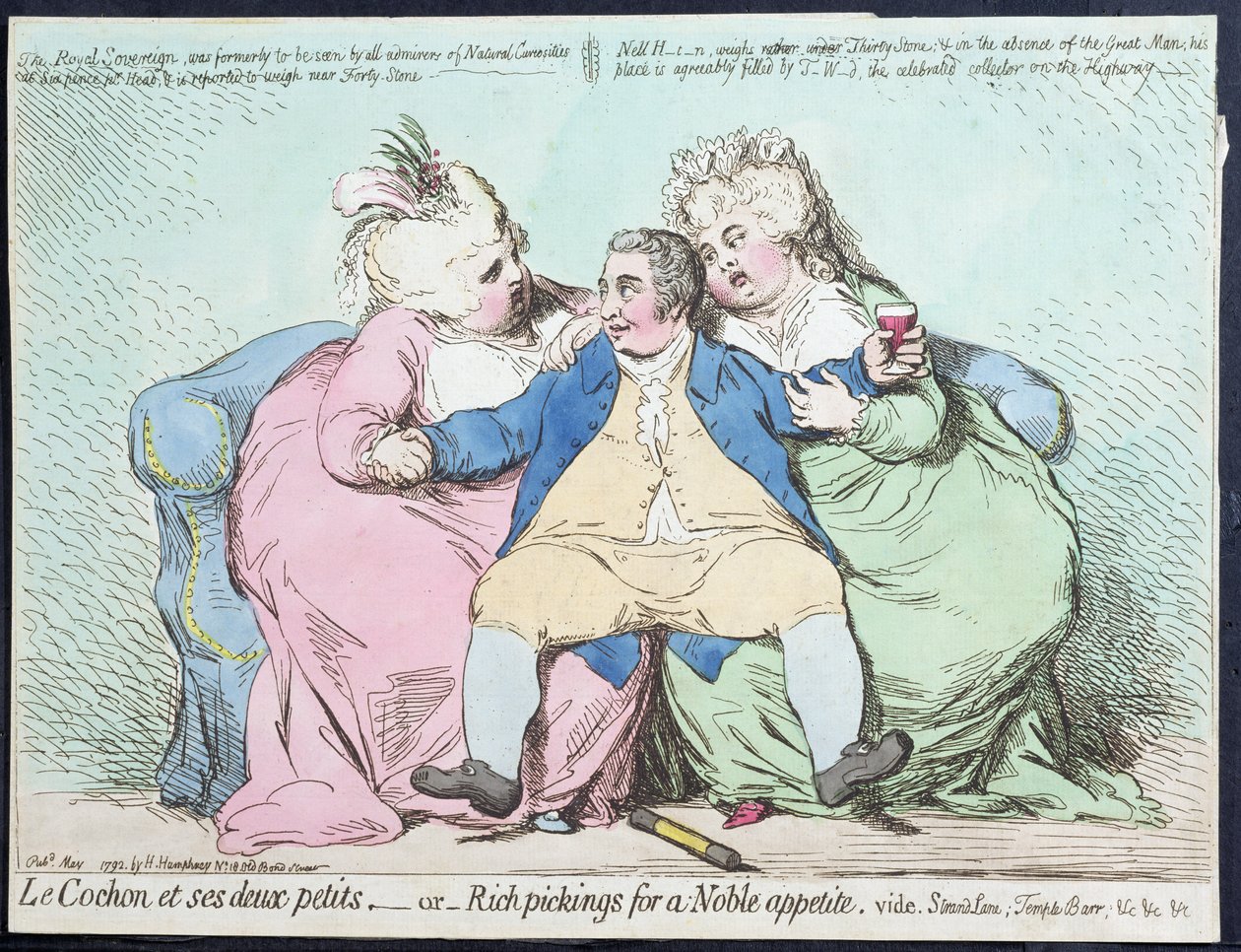 Le Cochon et ses Deux Petits, neboli bohatý výběr pro vznešenou chuť k jídlu, publikovala Hannah Humphrey v roce 1792 (ručně kolorovaný lept) od James Gillray