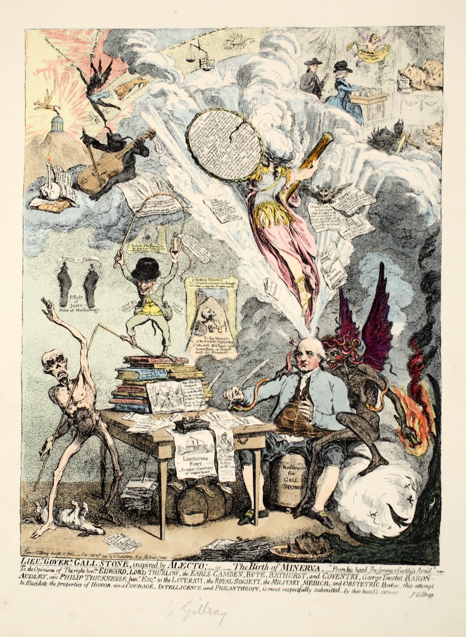 Lieutenant Governor Gall-Stone, inspirovaný Alecto, aneb Zrození Minervy, 1790 (ručně kolorovaný lept) od James Gillray