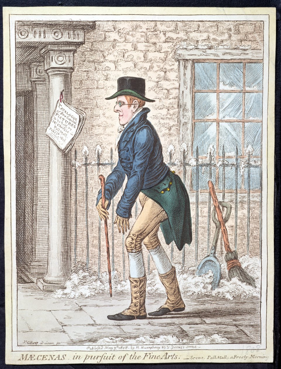 Maecenas ve snaze o výtvarná umění, nebo scéna, Pall Mall; Mrazivé ráno, vydané Hannah Humphrey v roce 1808 (ručně kolorovaný lept) od James Gillray