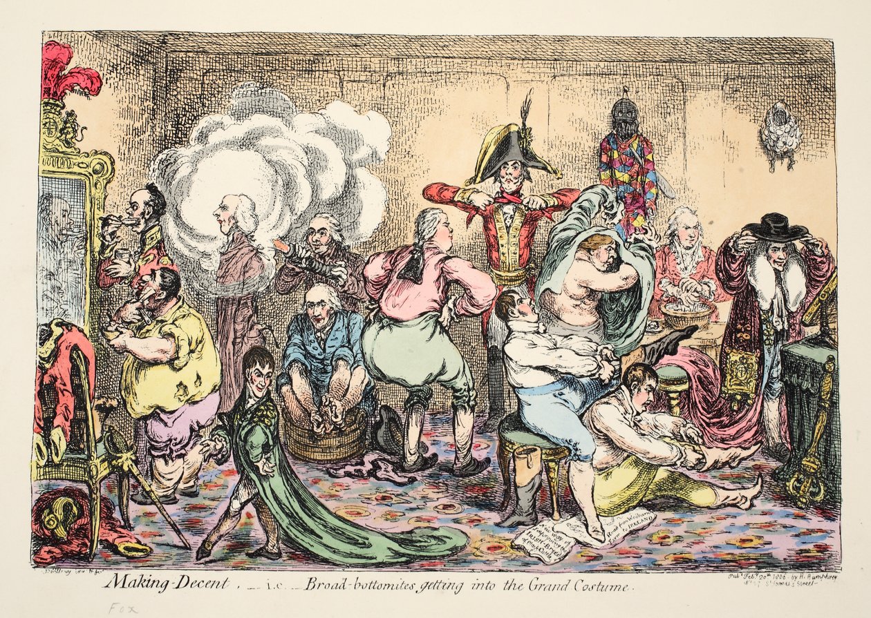 Making Decent, tj. Broad Bottomites se dostanou do Grand Costume, hospoda. 1806 (ručně kolorovaná rytina) od James Gillray