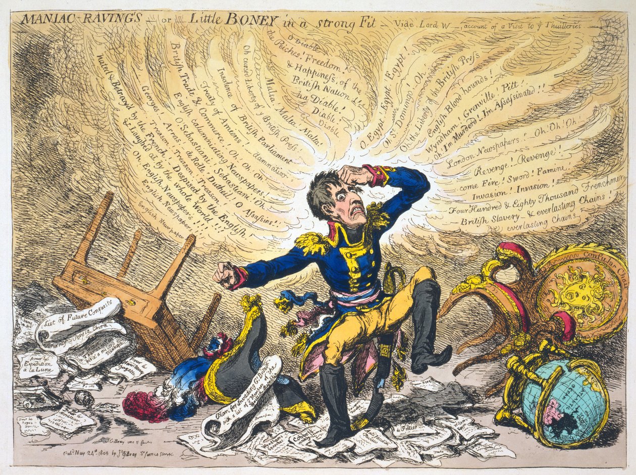 Maniac Ravings, or Little Boney in a Strong Fit, pub.1803 (ručně kolorovaná rytina) od James Gillray